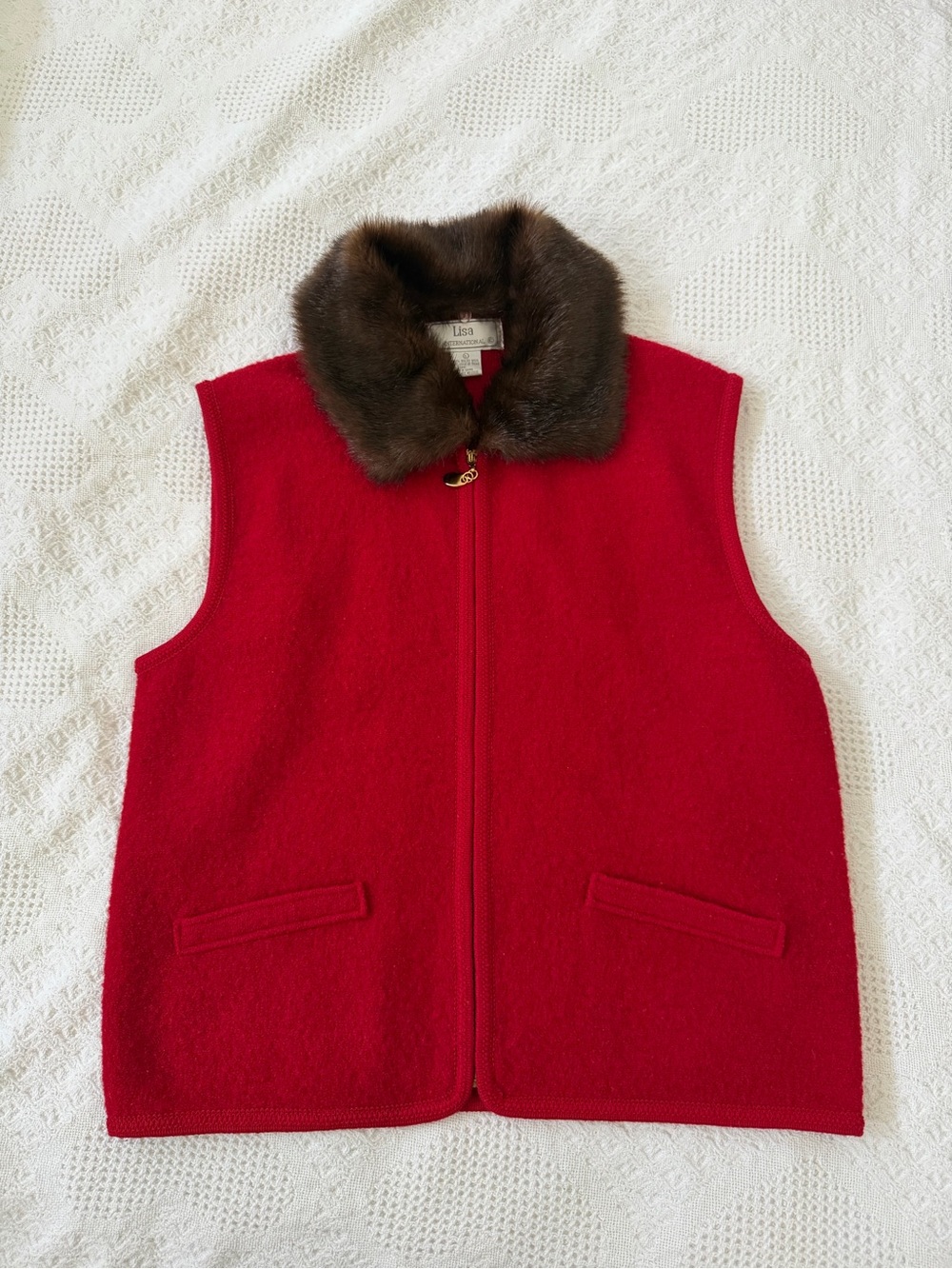 Lisa international wool Red Vest with Brown Faux Fur Collar